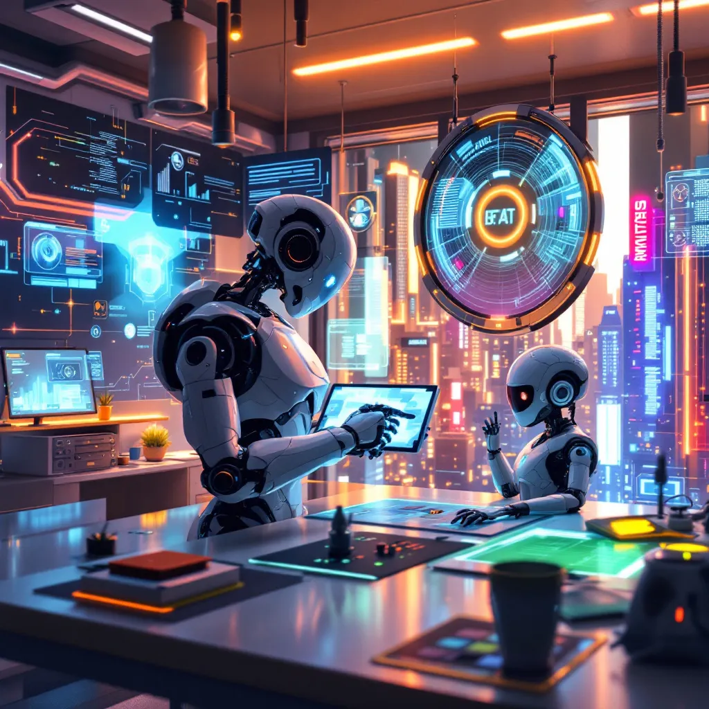 A high-tech workspace with holographic screens and an AI-powered robot assisting a designer, with a neon-lit city in the background.